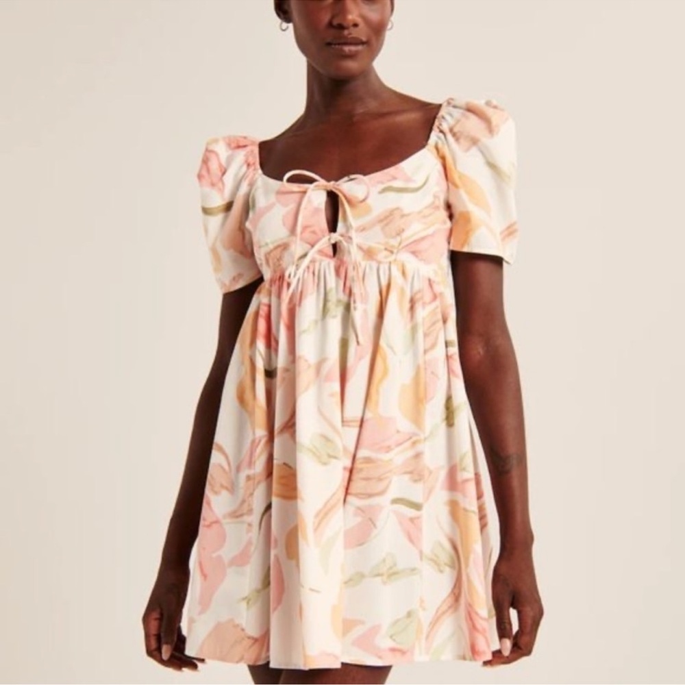 Abercrombie & Fitch Keyhole Babydoll Mini Dress M Floral Print Puff Sleeves